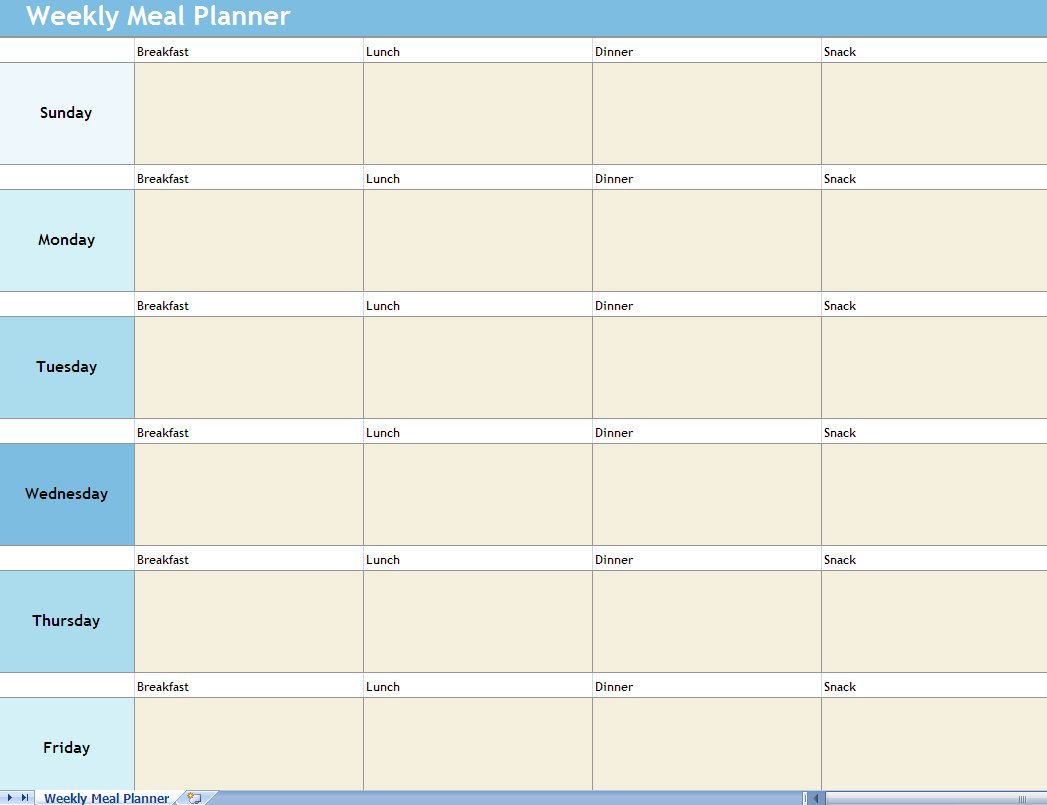 Weekly Meal Planner Excel Spreadsheet  Weekly Meal Planner With Regard To Weekly Meal Planner Template Word
