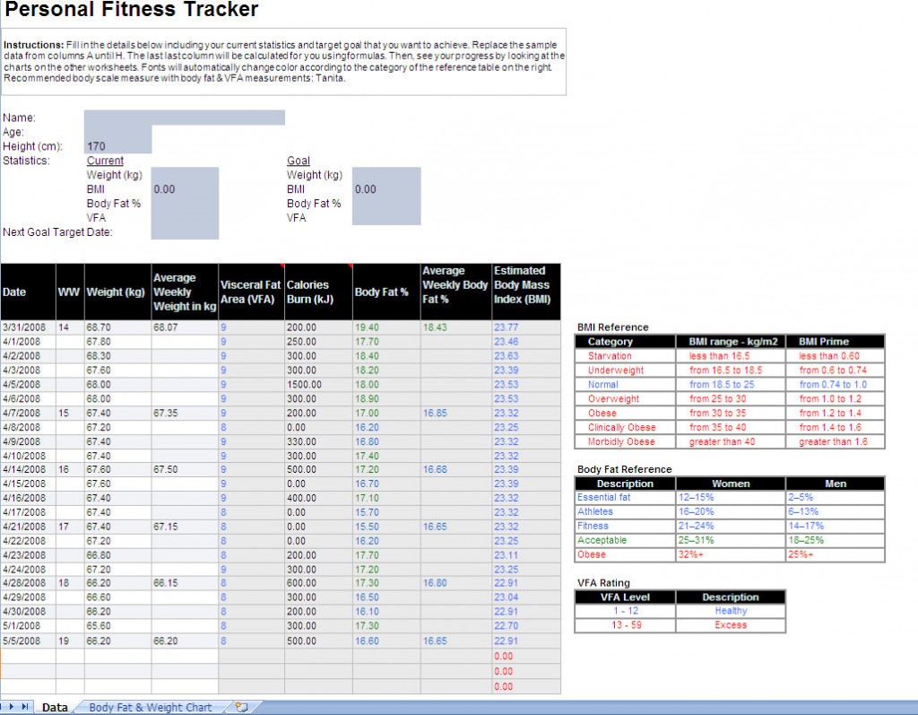 fitness and weight tracker free libreoffice template