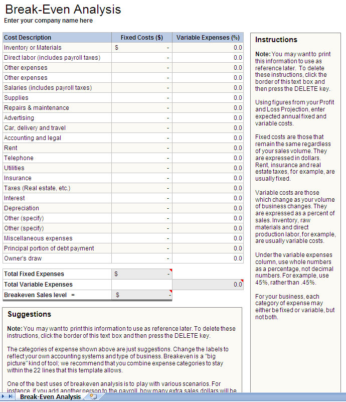 Breakeven Calculator Excel Worksheet | Excel Break Even Calculator