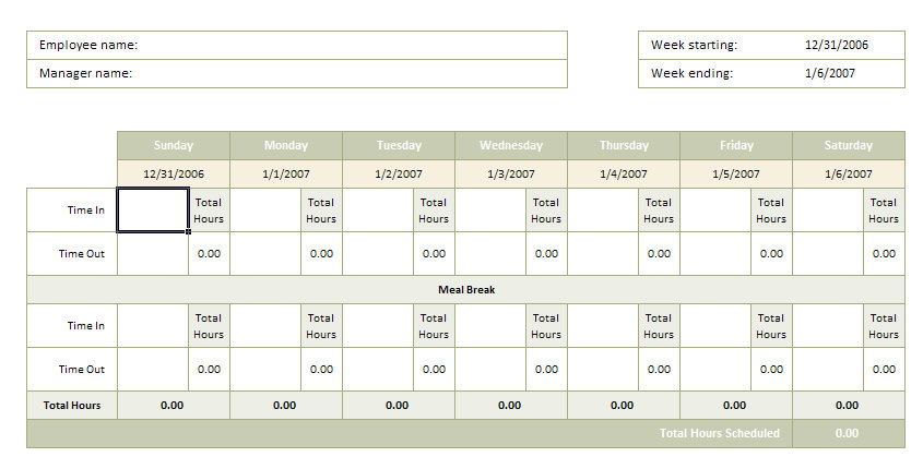 timesheet with breaks. a meal reak. time sheet