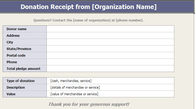 charitable donation receipts template screenshot