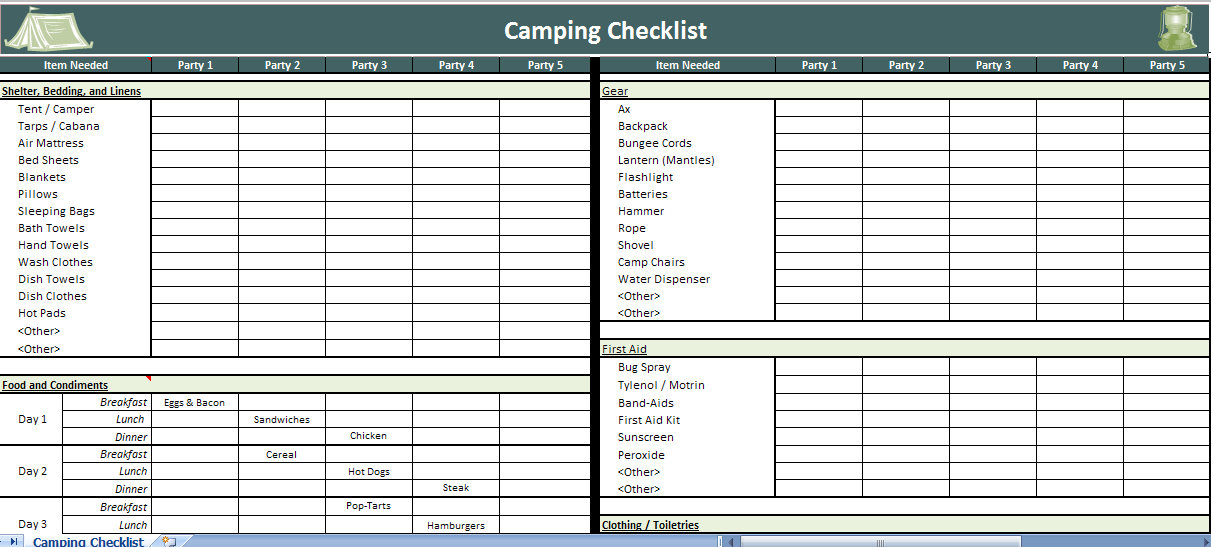Camping Checklist Excel Template | Excel Camping Checklist