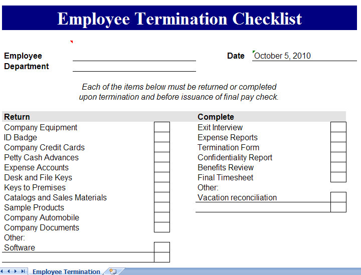 Employee Termination Checklist Termination Checklist