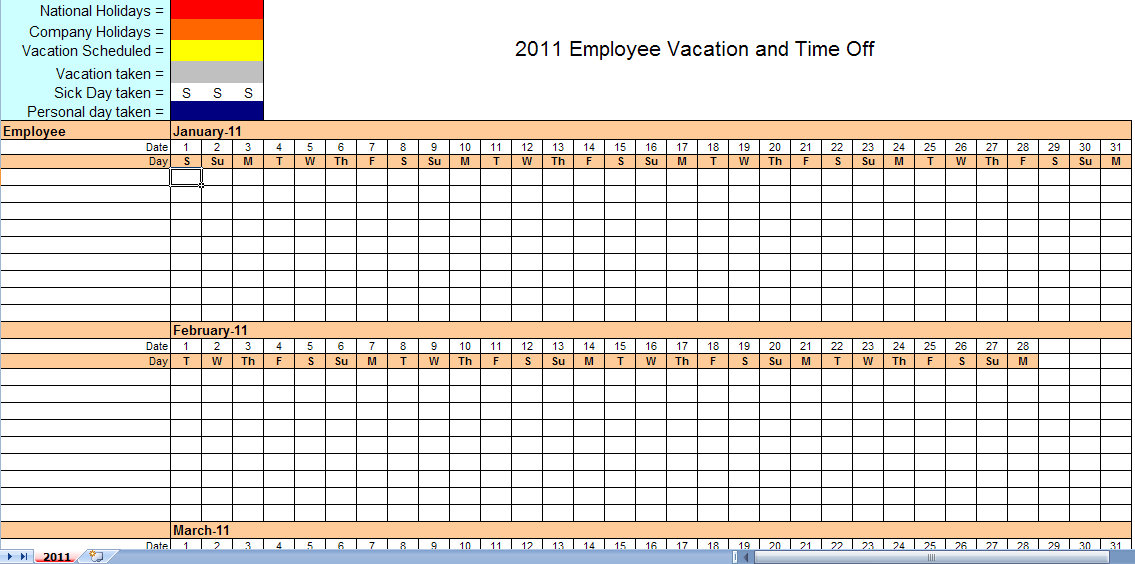 2011 Employee Vacation Calendar Vacation Calendar Template 2011