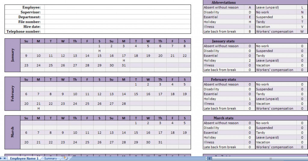 2011 Employee Attendance Tracking Calendar 2011 Employee Attendance