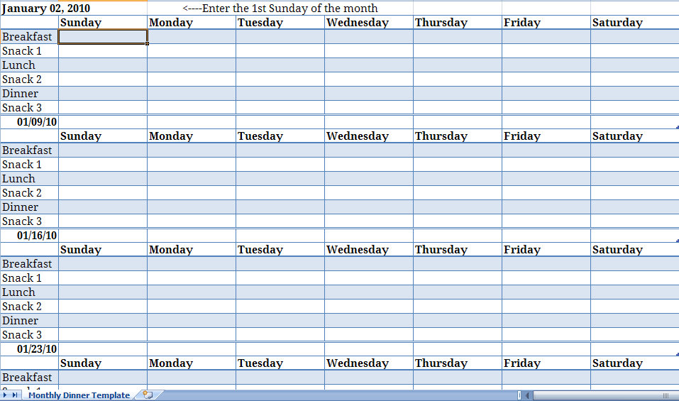 printable weekly meal planner template with snacks