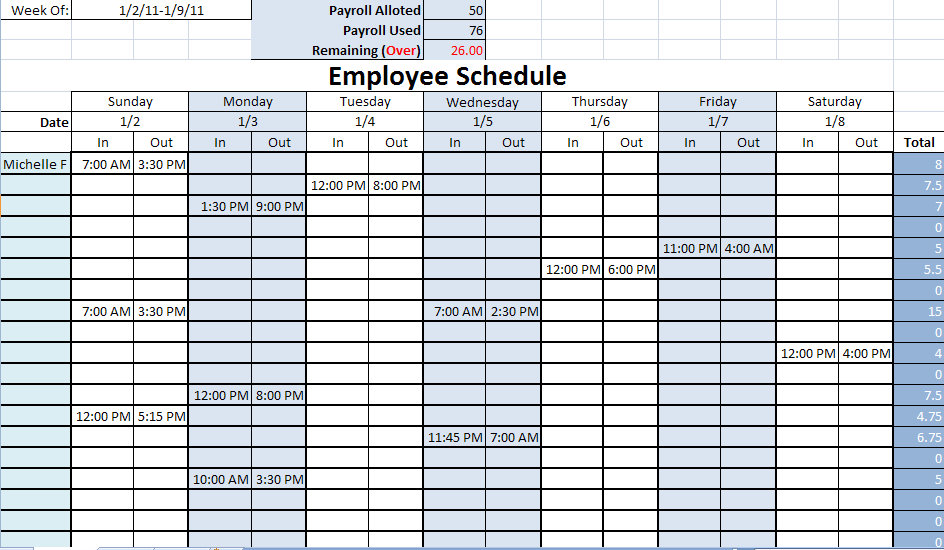 printable work schedule templates free