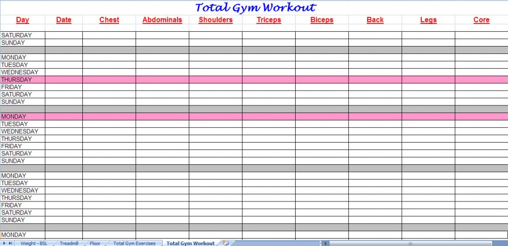 Total Gym Workout Routine Chart