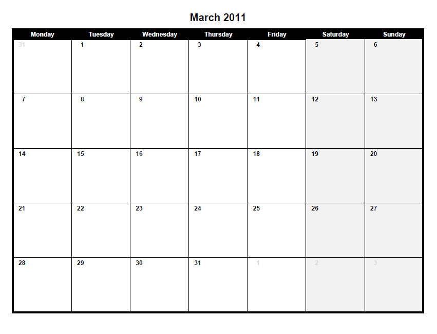 Printable PDF March 2011 calendar