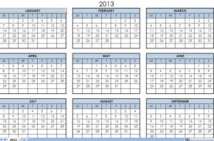 2013 Printable One Page Excel Yearly Calendar Template
