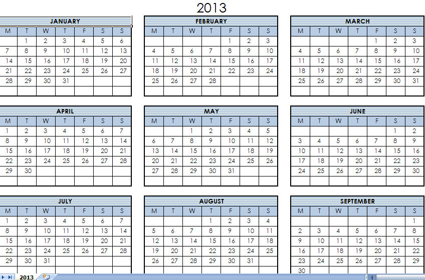 2013 Printable One Page Calendar Yearly Excel Template 2012 Printable