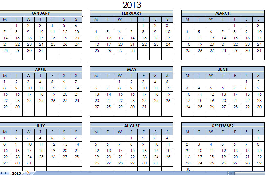 2013 Printable One Page Calendar Yearly Excel Template   2012