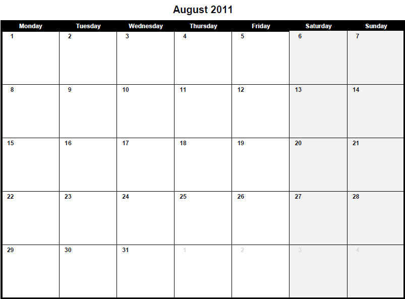 2011: Blank August 2011 Calendar