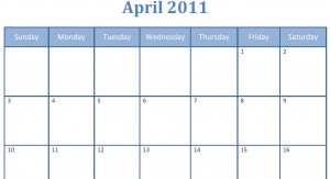 Printable blank pdf April 2011 monthly calendar