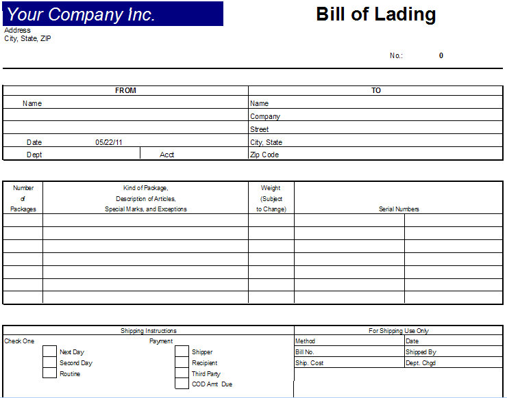 Excel Bill Of Lading Template Bill of Lading Document