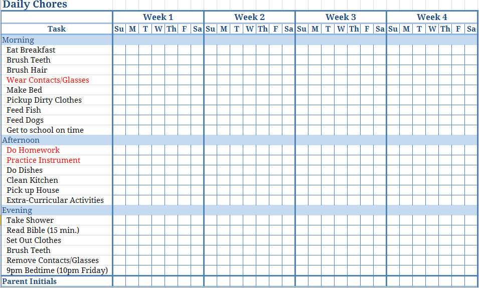 Blank Printable Chore Charts