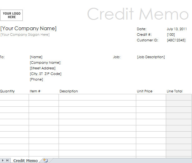 Credit Memo Template Excel