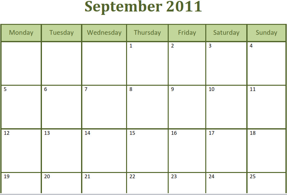 Printable Blank PDF September 2011 Monthly Calendar