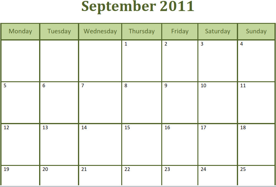 Printable Blank PDF September 2011 Monthly Calendar Printable