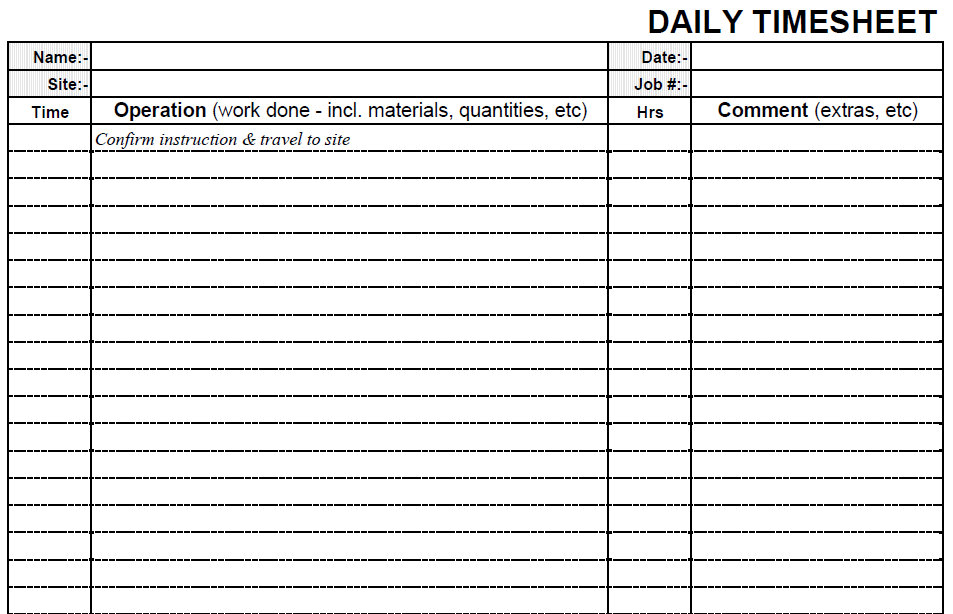 Printable Blank Daily PDF Time Sheet Form Time Sheets Printable