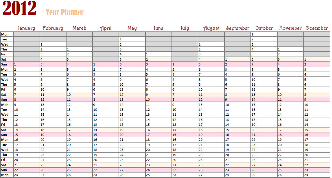 2012 One Page Planner Excel Template | 2012 One Page Excel Yearly ...