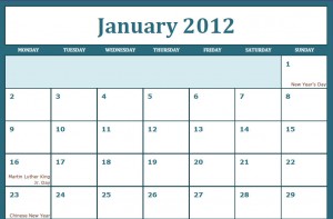 Printable PDF January 2012 Calendar