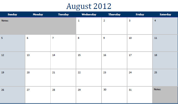 August 2012 Printable Monthly Calendar Template