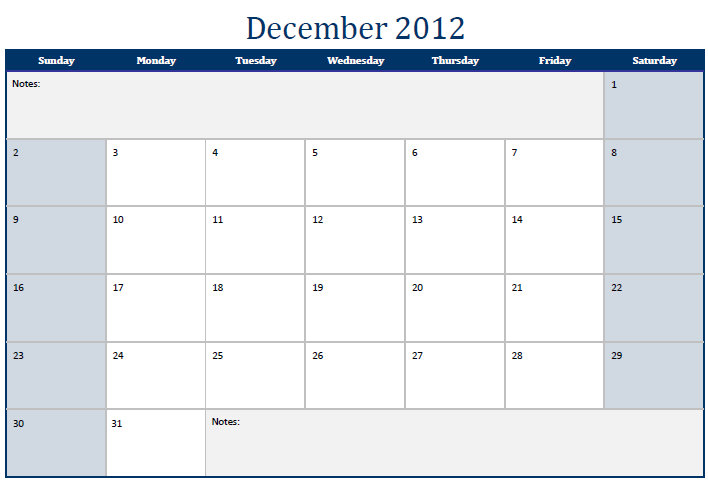 December 2012 Printable Monthly Calendar Template