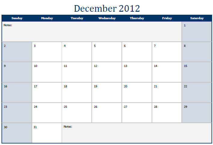 Monthly Calendar Templates 2012