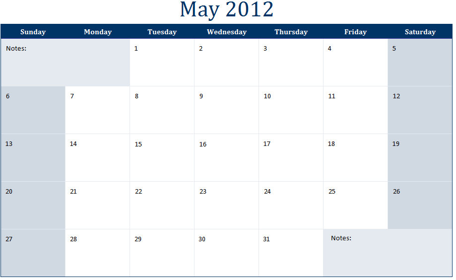 May 2012 Printable Monthly Calendar Template
