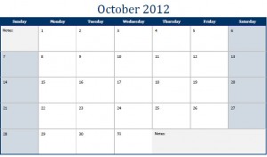 Printable PDF October 2012 Calendar