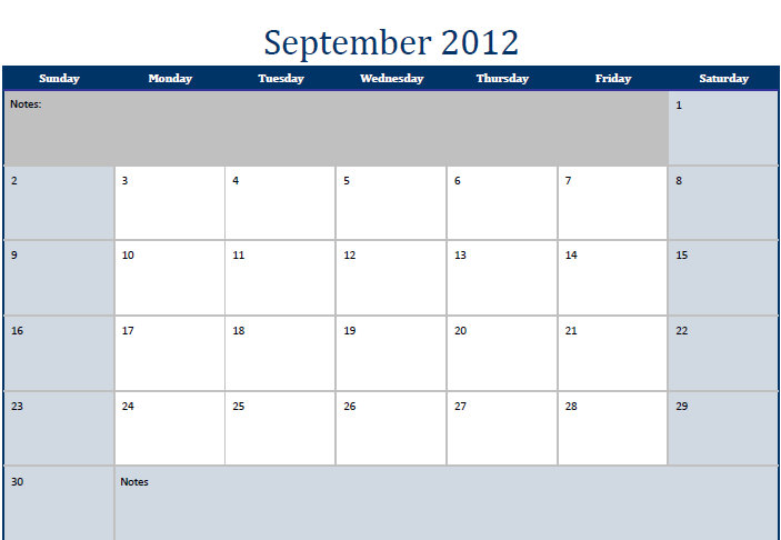 September 2012 Printable Monthly Calendar Template