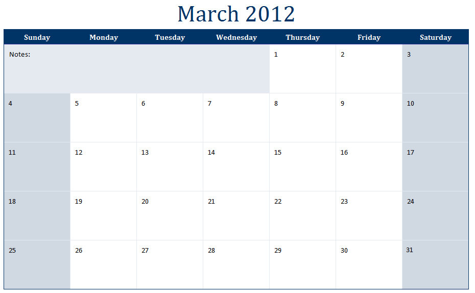 March 2012 Printable Monthly Calendar Template