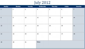 Printable PDF July 2012 Calendar
