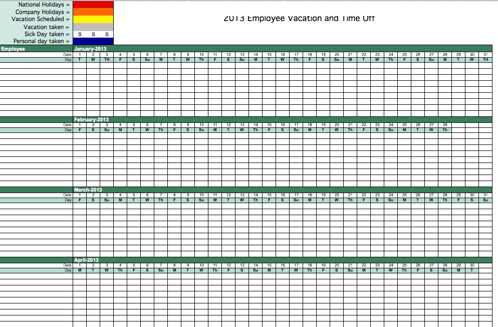 2013 Employee Attendance Tracking Calendar