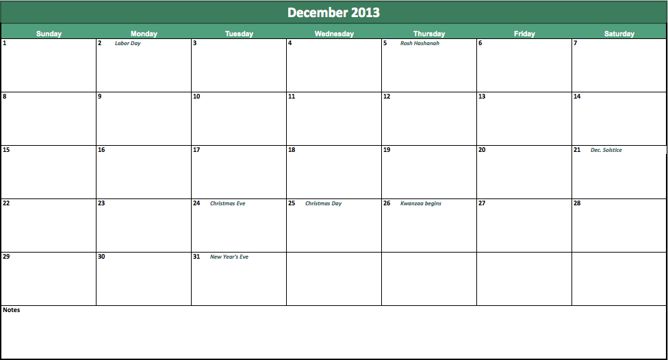 2013 Monthly Calendar Template For Excel