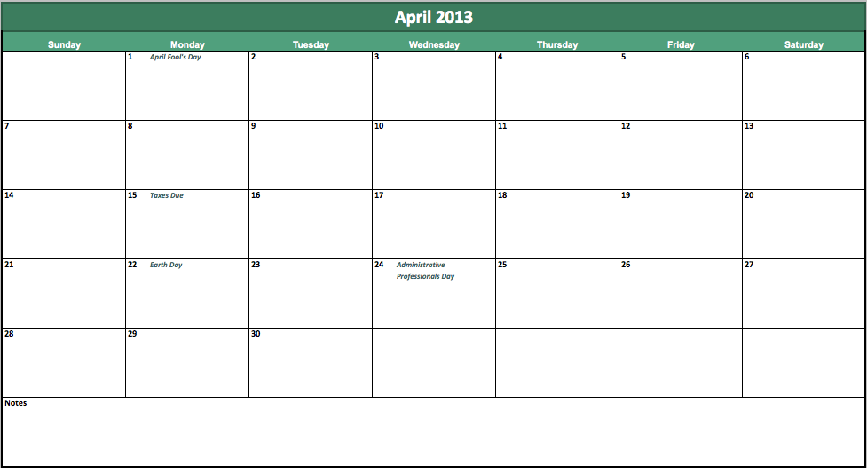 april 2013 calendar template