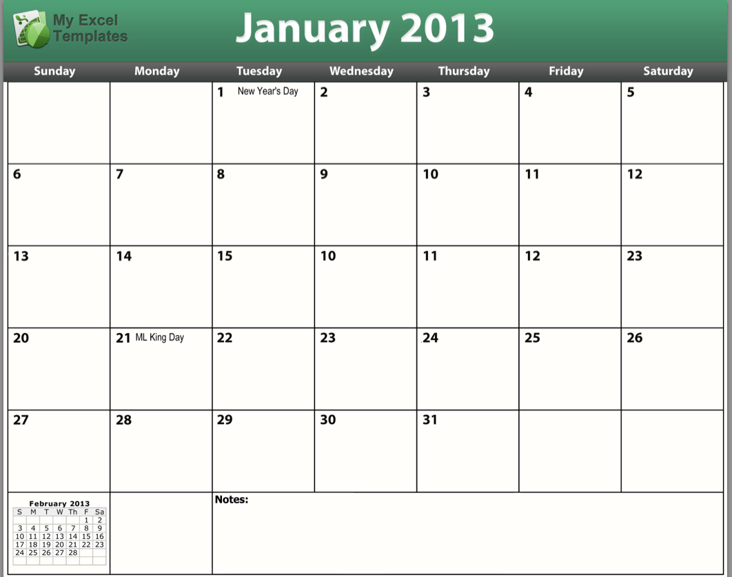 January 2013 calendar