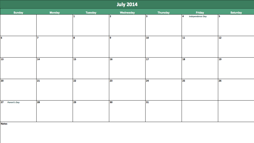 july 2014 calendar template