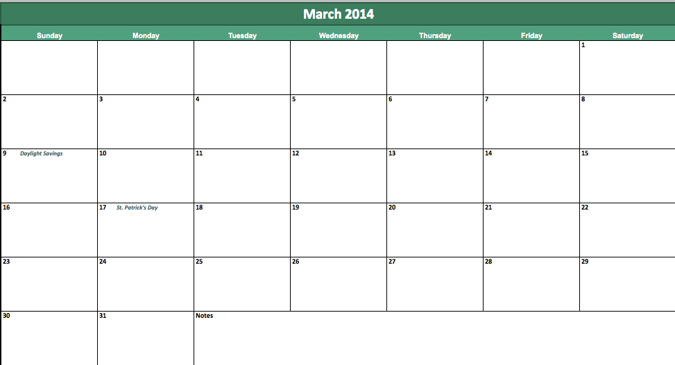 march 2014 calendar template