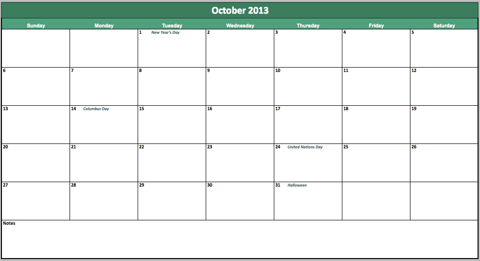 october 2013 calendar My Excel Templates