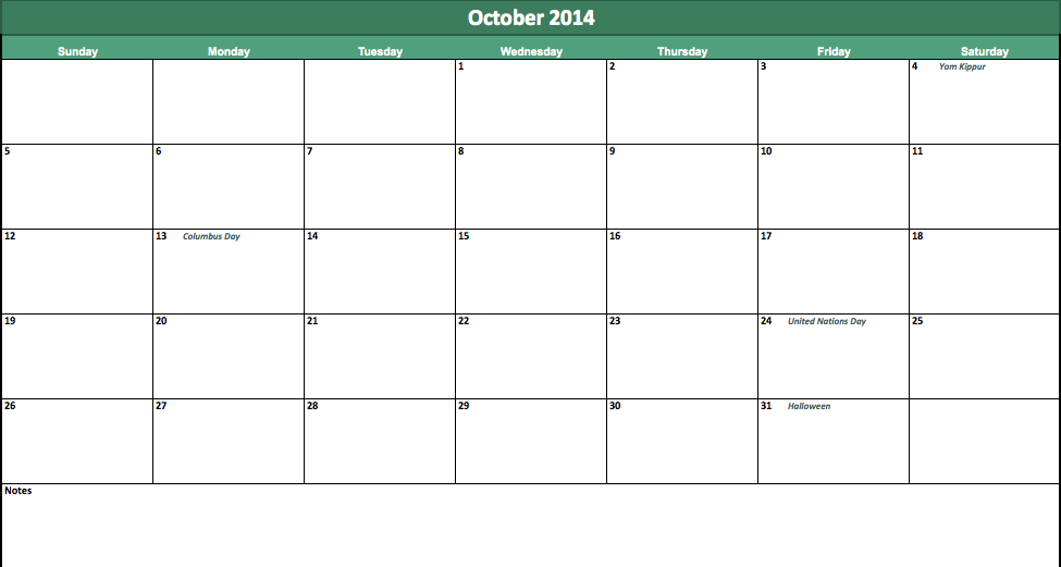 october2014 calendar template