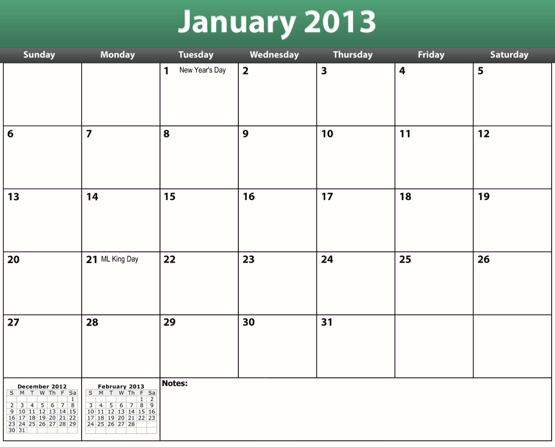 Printable PDF 2013 Calendar Template