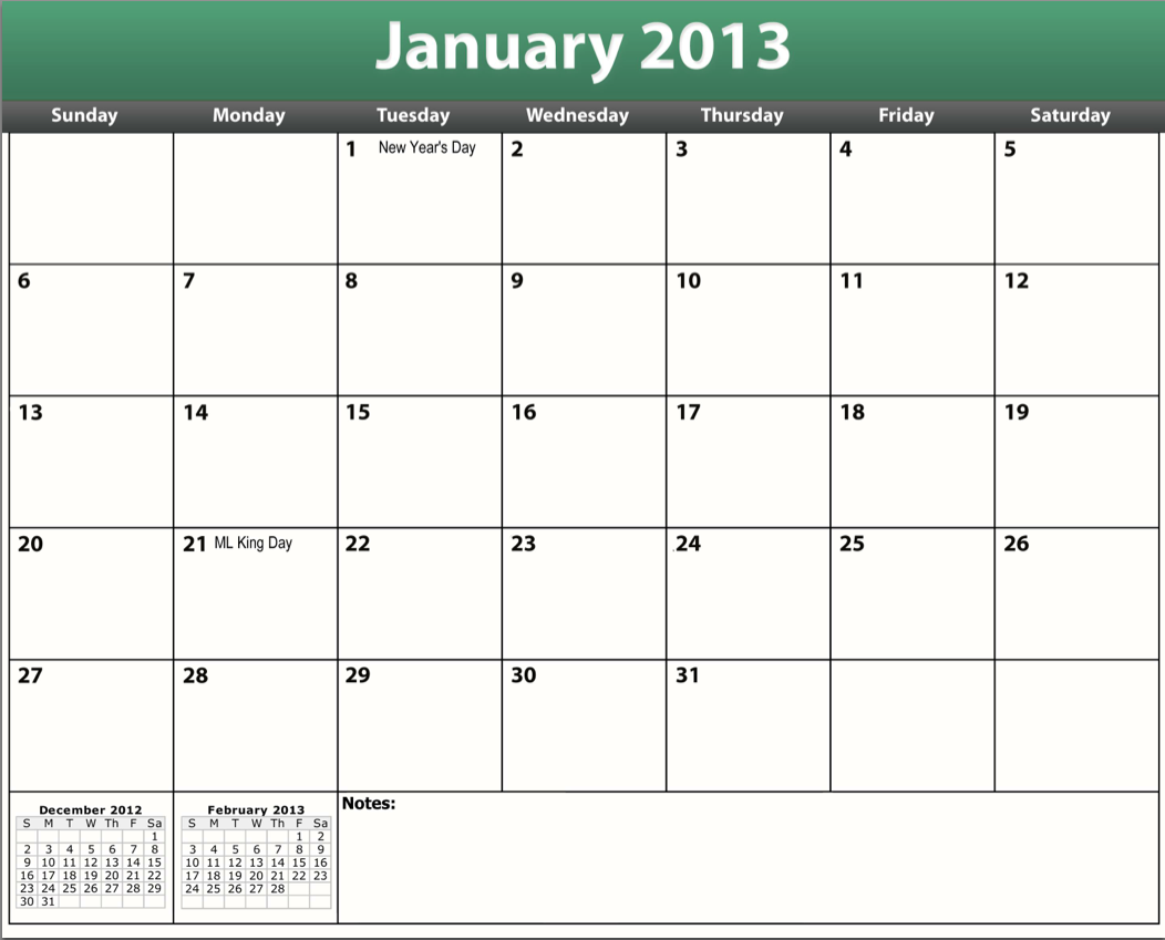 South African Calendar Templates 2013