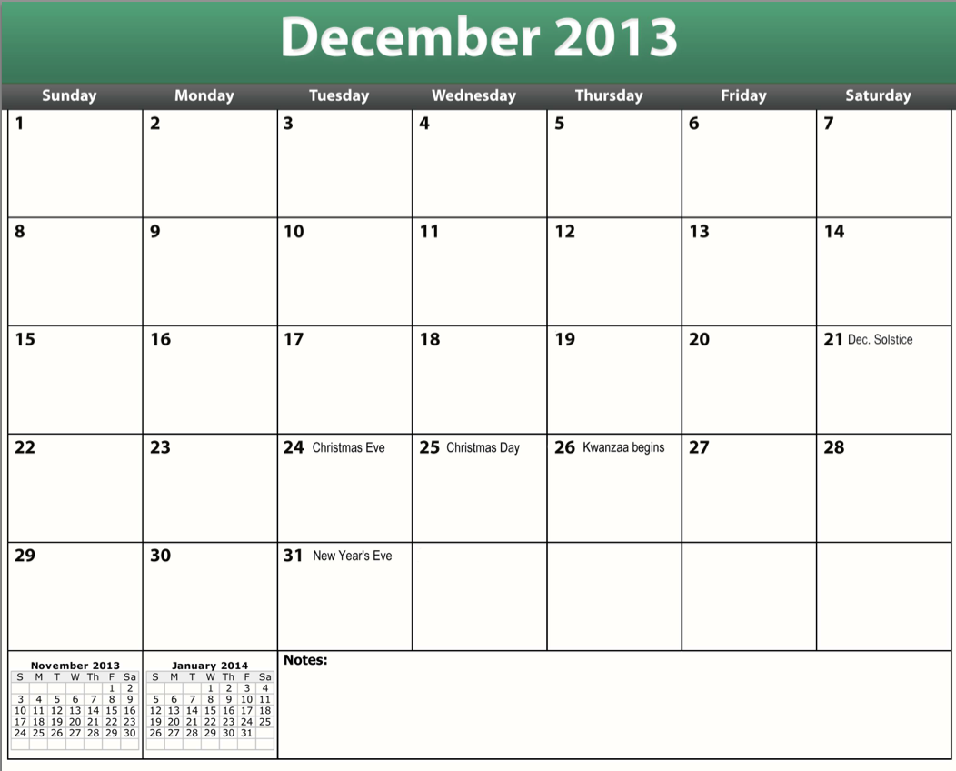 Printable PDF December 2013 Calendar