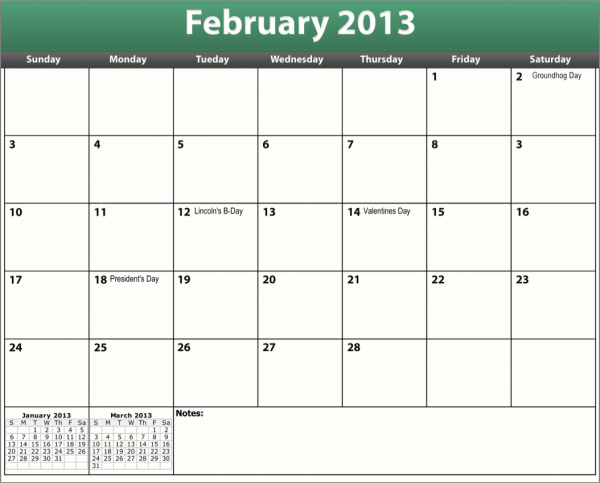 Printable PDF February 2013 Calendar