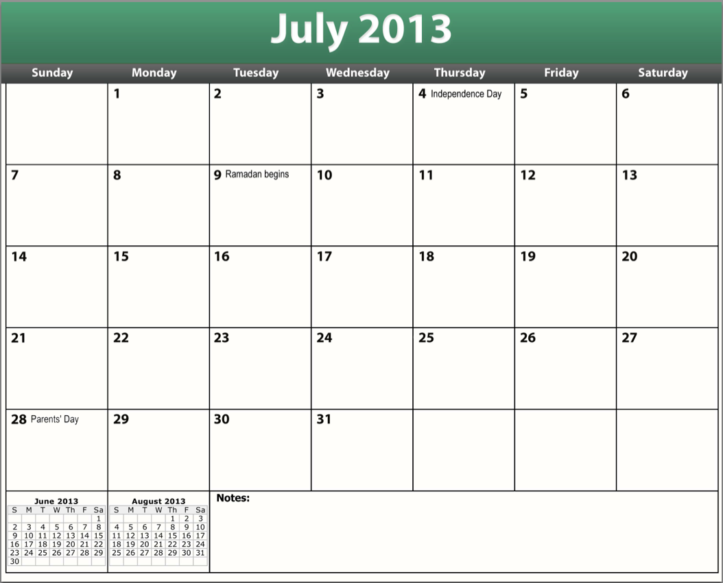 Printable PDF July 2013 Calendar