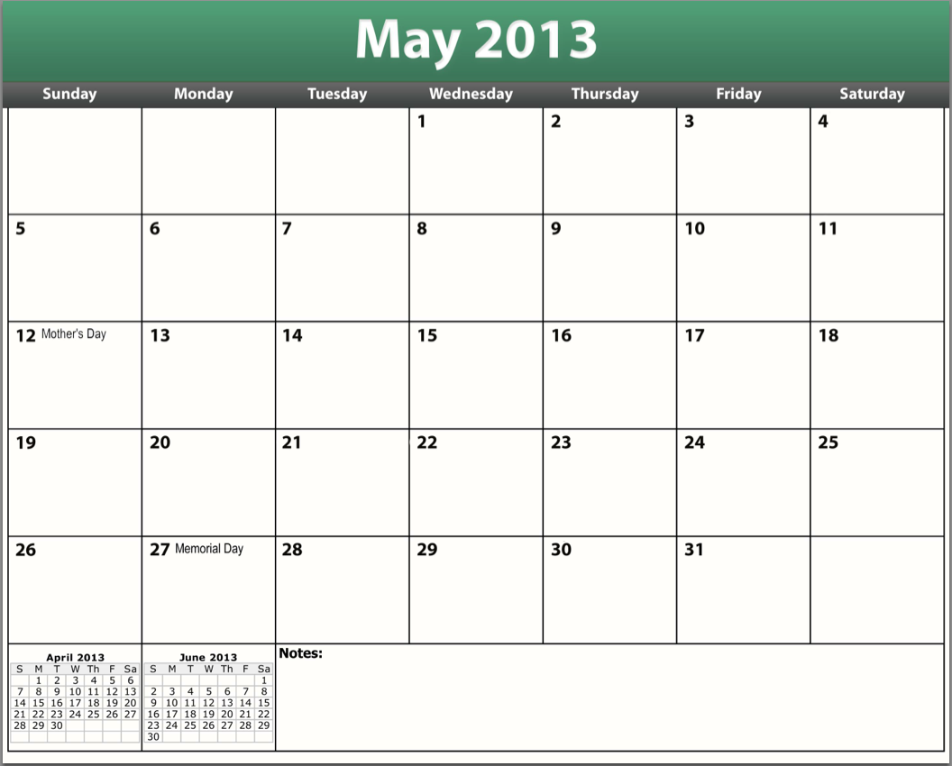 May 2013 Calendar With Holidays Printable Calendar Template 2016