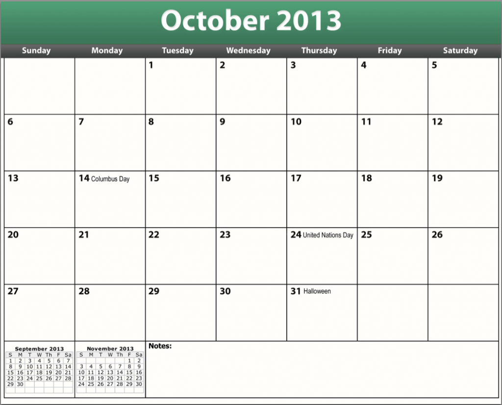 Printable PDF October 2013 Calendar