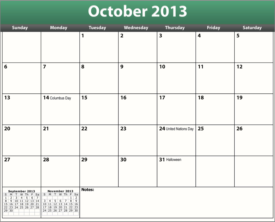 Printable PDF October 2013 Calendar